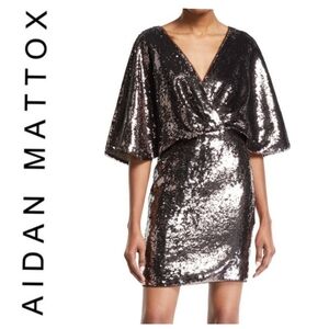 Aidan Mattox | Sequin Deep V-Neck V-Back Dolman Sleeve Faux Wrap Mini Dress 8